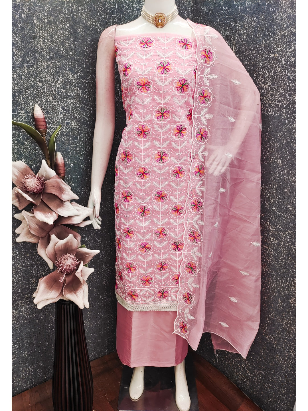 Peachmode Pink Chanderi Silk Dress Material with Ethnic Motifs - Image 2