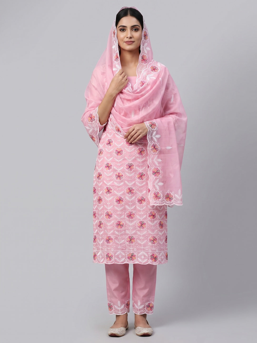 Peachmode Pink Chanderi Silk Dress Material with Ethnic Motifs - Image 2