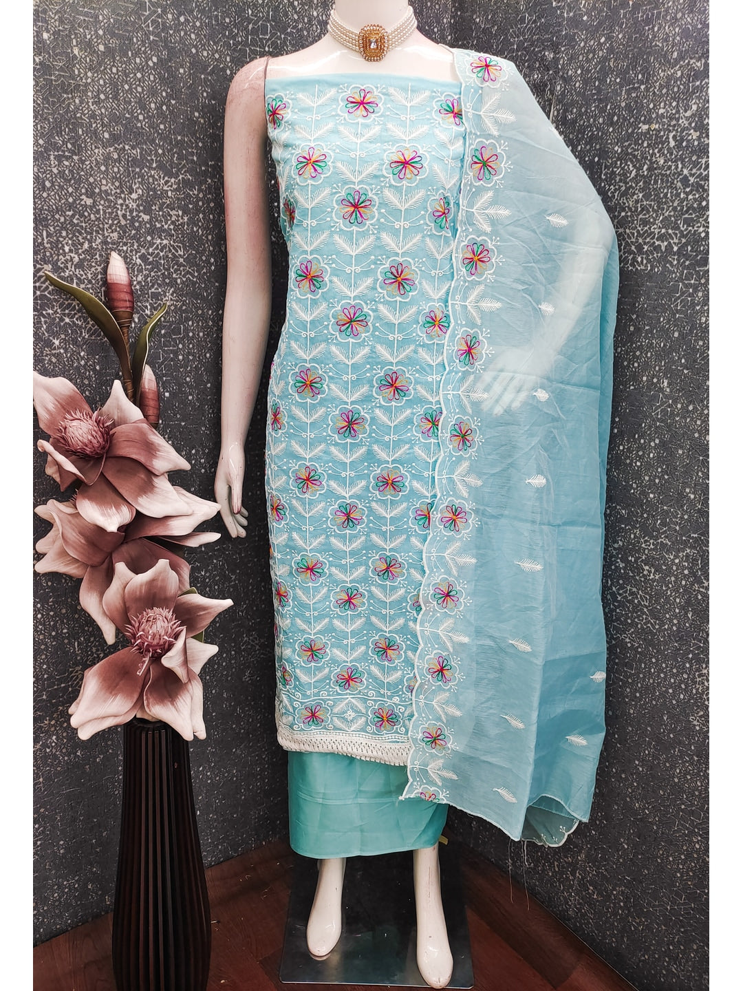 Peachmode Turquoise Chanderi Silk Dress Material with Ethnic Motifs - Image 3