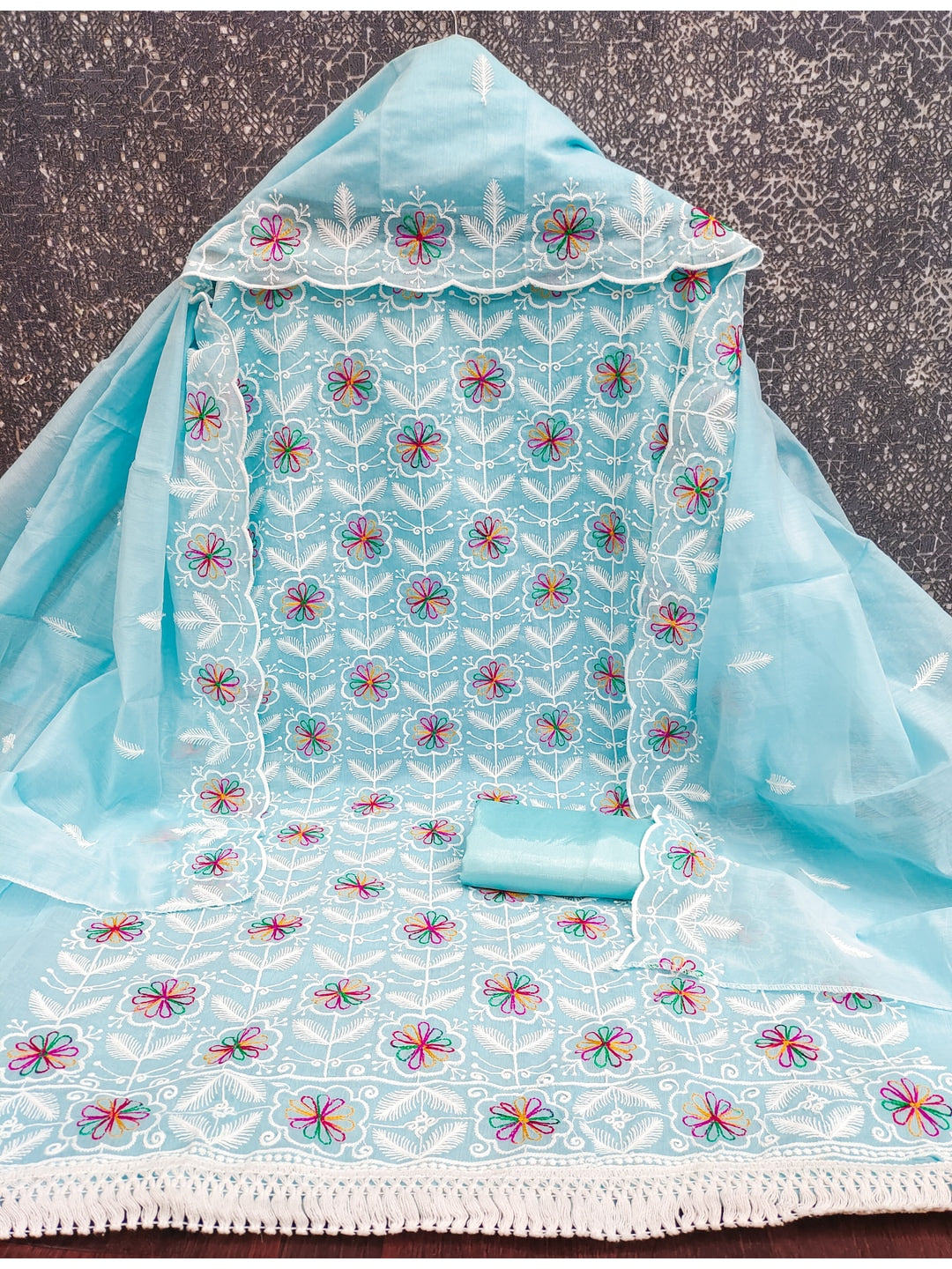 Peachmode Turquoise Chanderi Silk Dress Material with Ethnic Motifs - Image 4