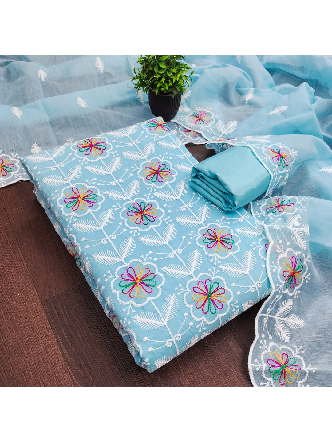 Peachmode Turquoise Chanderi Silk Dress Material with Ethnic Motifs - Image 5