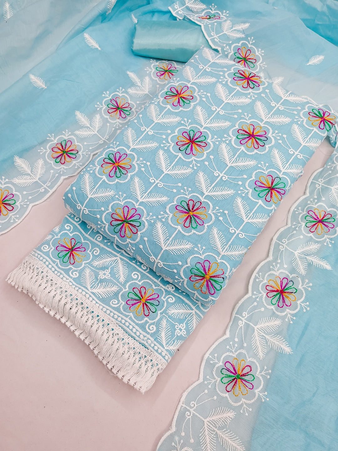 Peachmode Turquoise Chanderi Silk Dress Material with Ethnic Motifs - Image 1