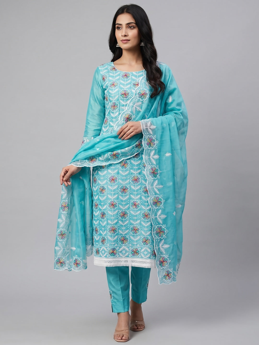 Peachmode Turquoise Chanderi Silk Dress Material with Ethnic Motifs - Image 2