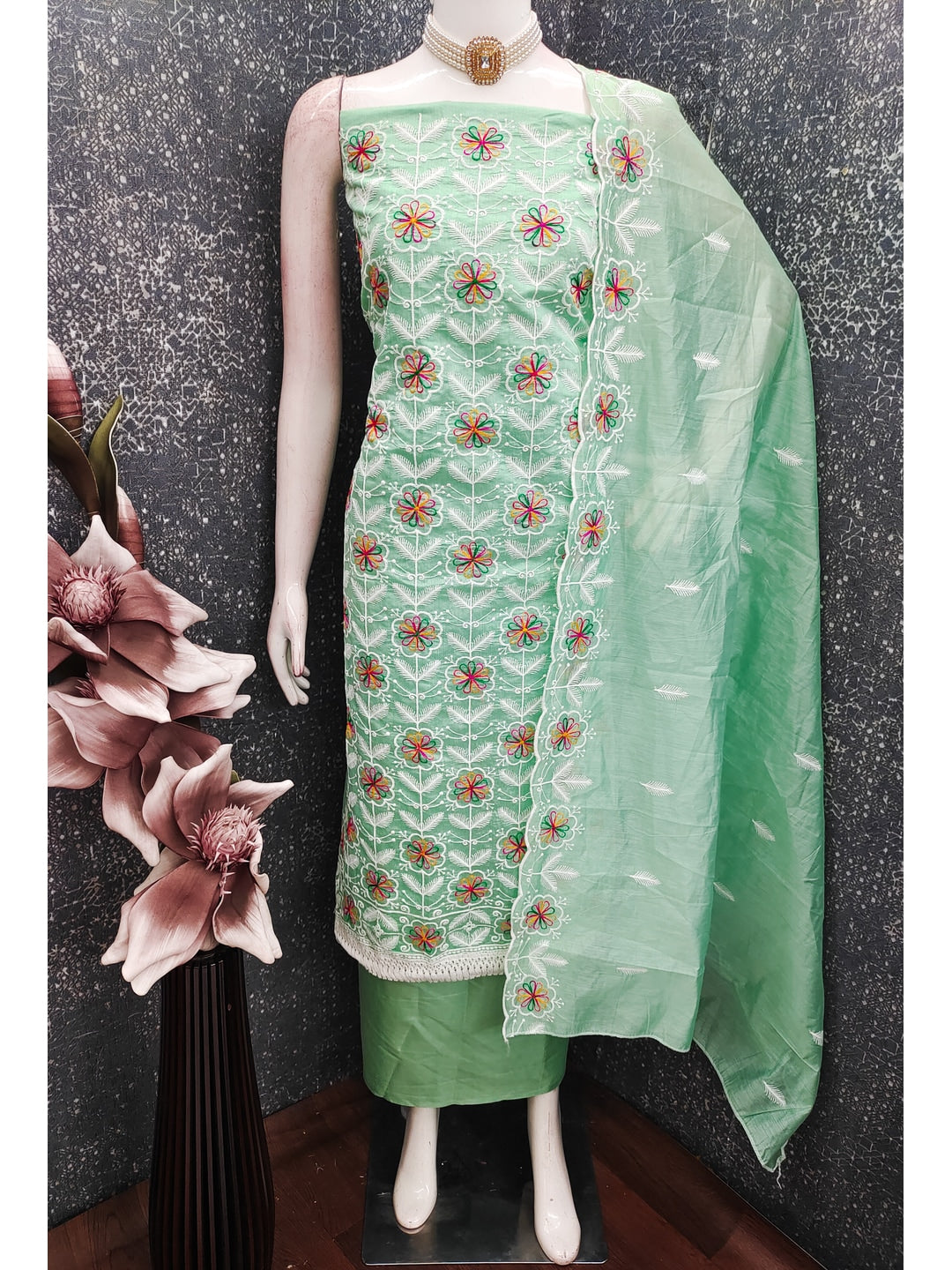 Peachmode Sea Green Chanderi Silk Dress Material with Ethnic Motifs - Image 3
