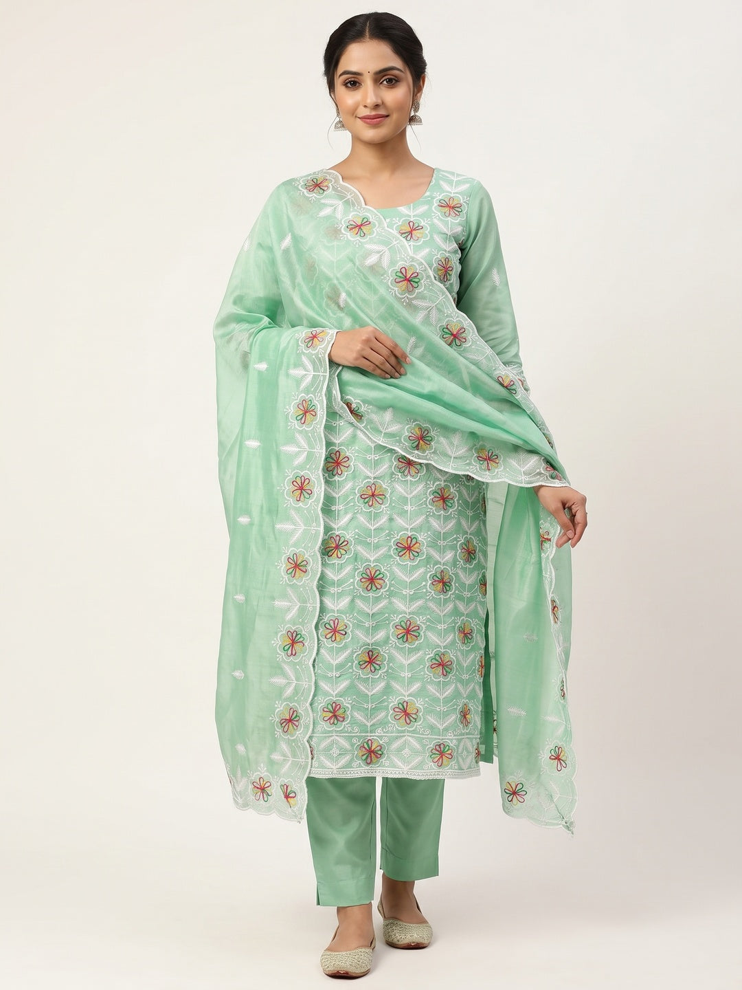 Peachmode Sea Green Chanderi Silk Dress Material with Ethnic Motifs - Image 2