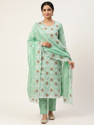 Peachmode Sea Green Chanderi Silk Dress Material with Ethnic Motifs - Image 2
