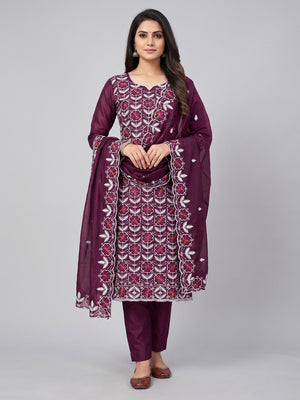 Peachmode Wine Chanderi Silk Dress Material with Ethnic Motifs - Image 2