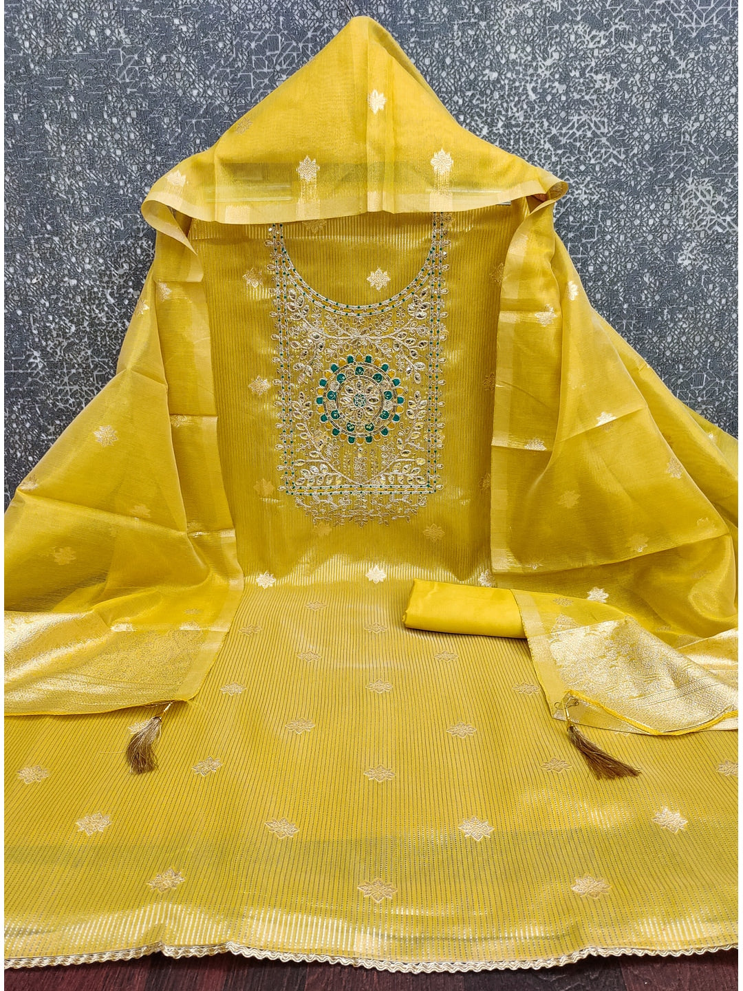 Peachmode Yellow Shimmer Dress Material with Ethnic Motifs - Image 3