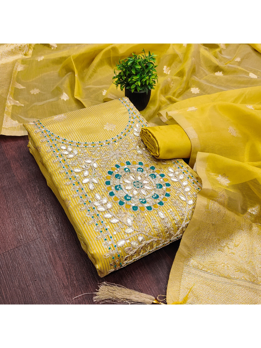 Peachmode Yellow Shimmer Dress Material with Ethnic Motifs - Image 4