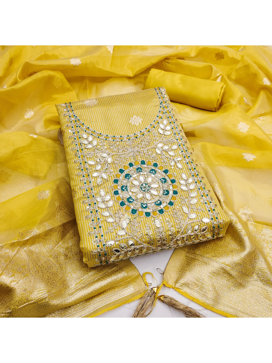 Peachmode Yellow Shimmer Dress Material with Ethnic Motifs - Image 5