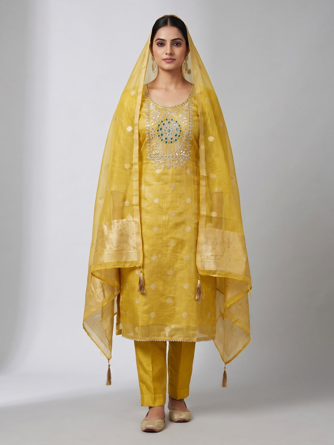 Peachmode Yellow Shimmer Dress Material with Ethnic Motifs - Image 2