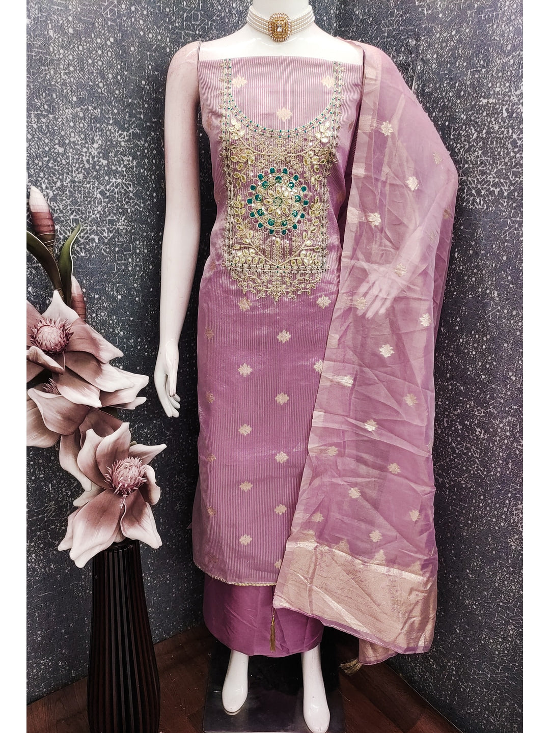 Peachmode Lavender Shimmer Dress Material with Ethnic Motifs - Image 3