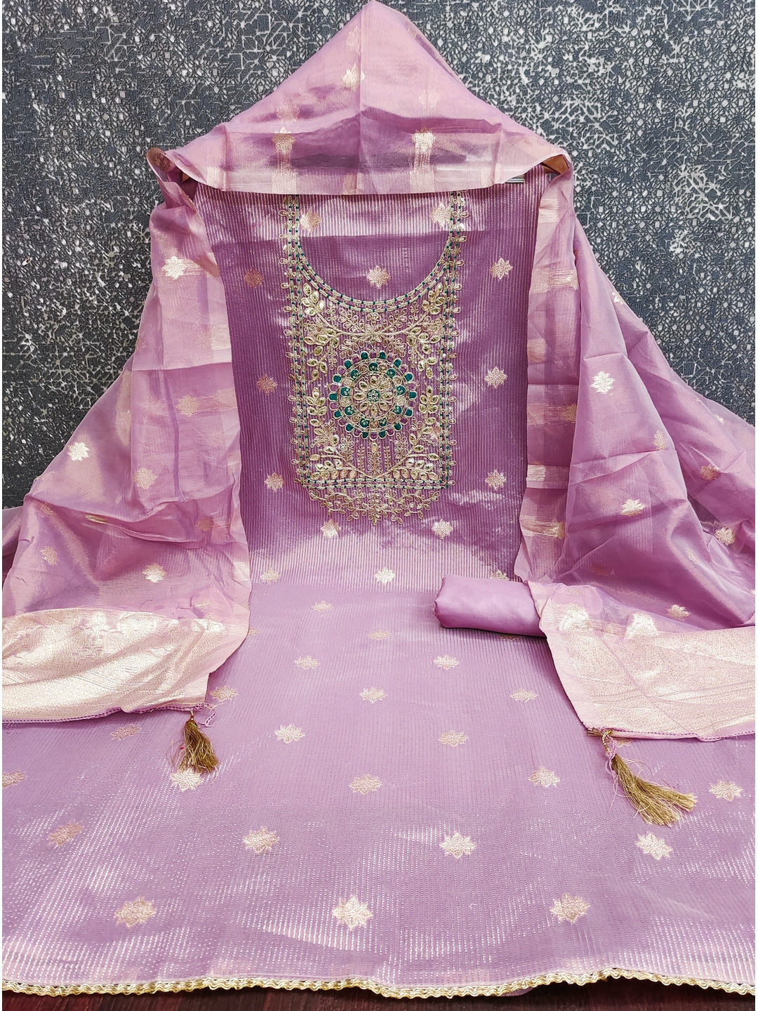 Peachmode Lavender Shimmer Dress Material with Ethnic Motifs - Image 4