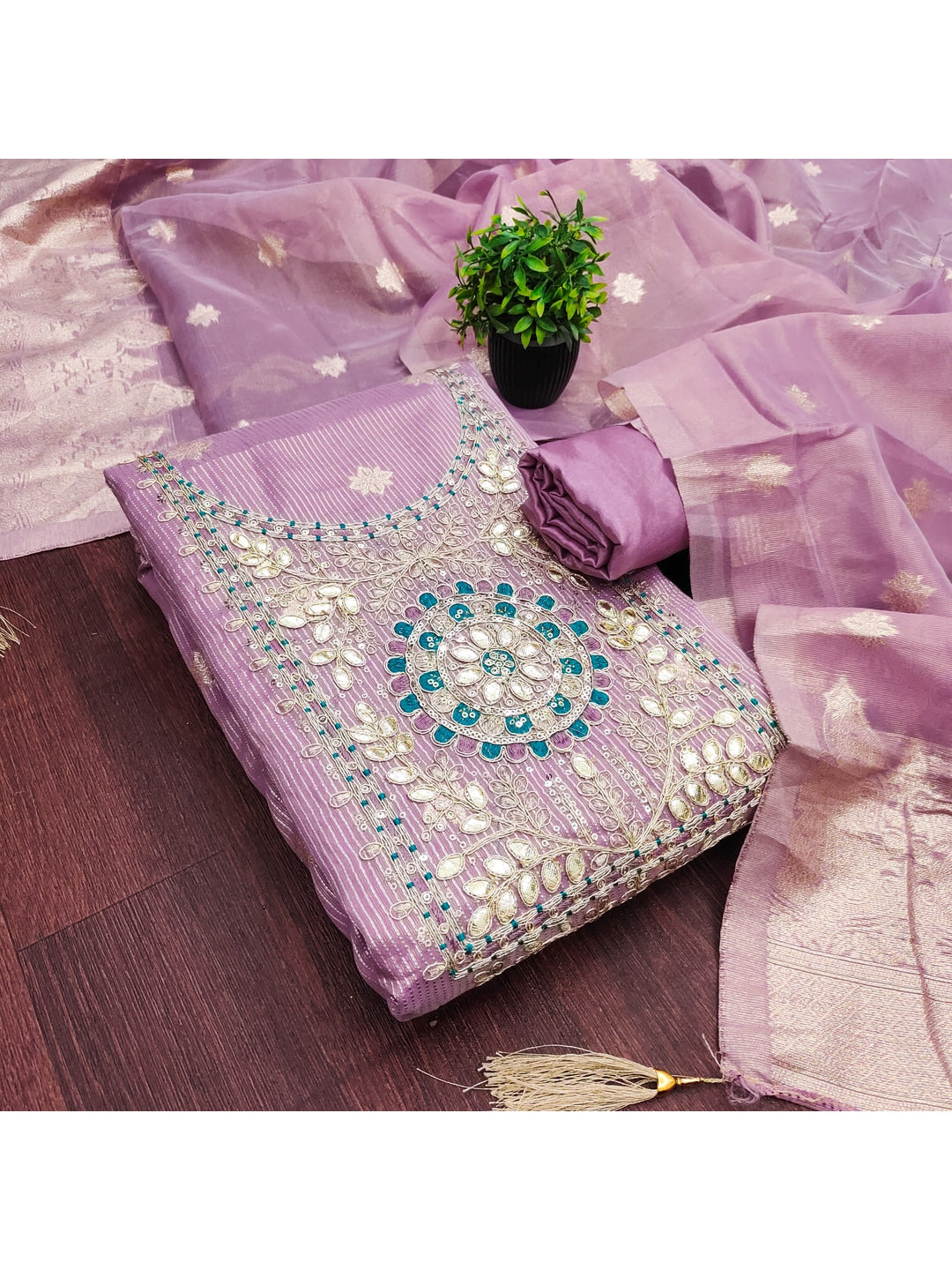 Peachmode Lavender Shimmer Dress Material with Ethnic Motifs - Image 5