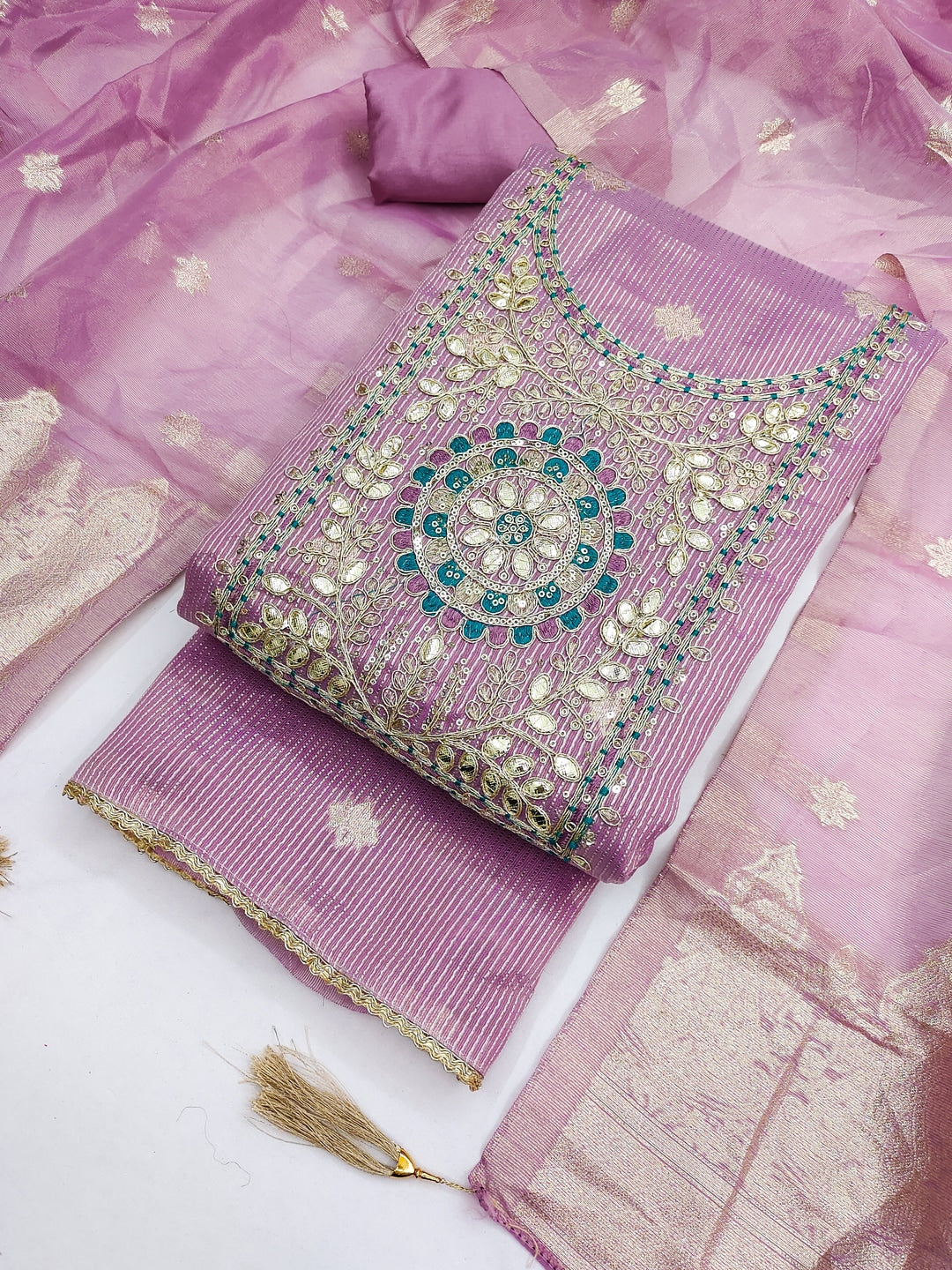 Peachmode Lavender Shimmer Dress Material with Ethnic Motifs - Image 6