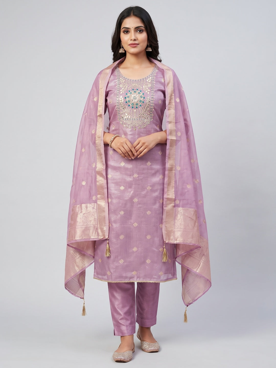 Peachmode Lavender Shimmer Dress Material with Ethnic Motifs - Image 2