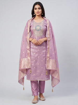 Peachmode Lavender Shimmer Dress Material with Ethnic Motifs - Image 1