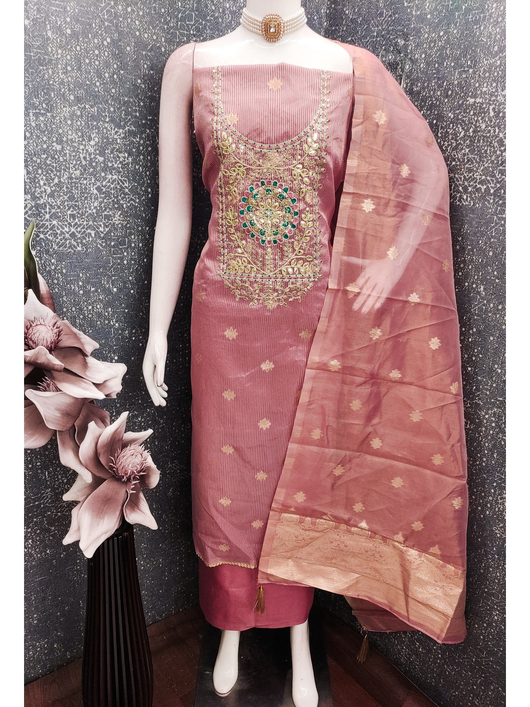 Peachmode Peach Shimmer Dress Material with Ethnic Motifs - Image 3