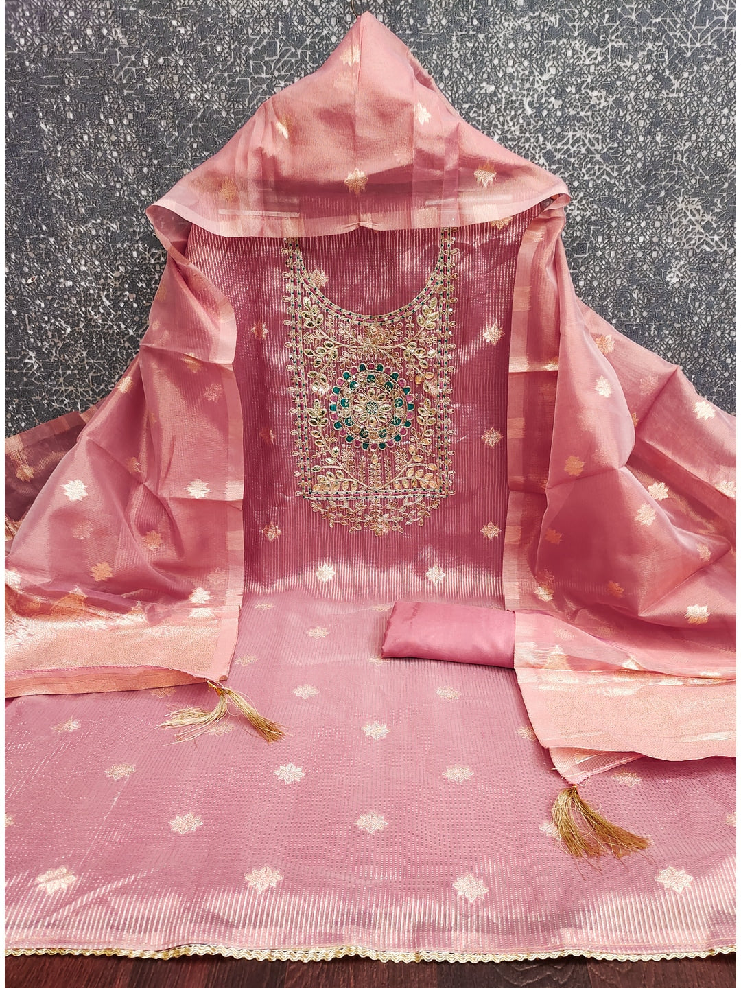 Peachmode Peach Shimmer Dress Material with Ethnic Motifs - Image 4