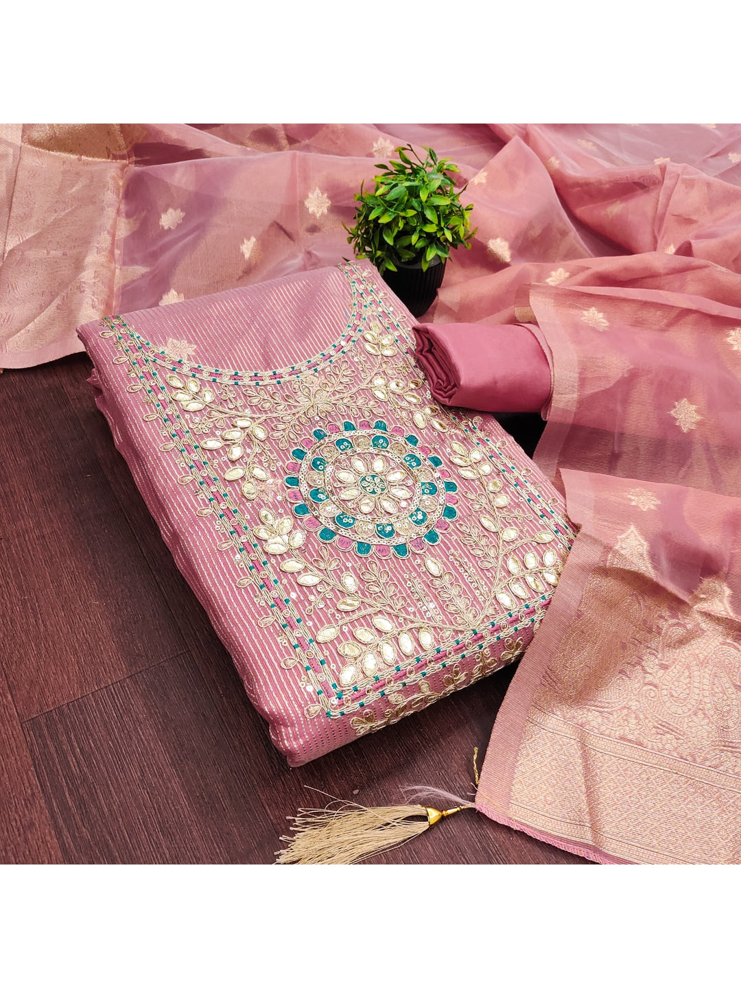 Peachmode Peach Shimmer Dress Material with Ethnic Motifs - Image 5