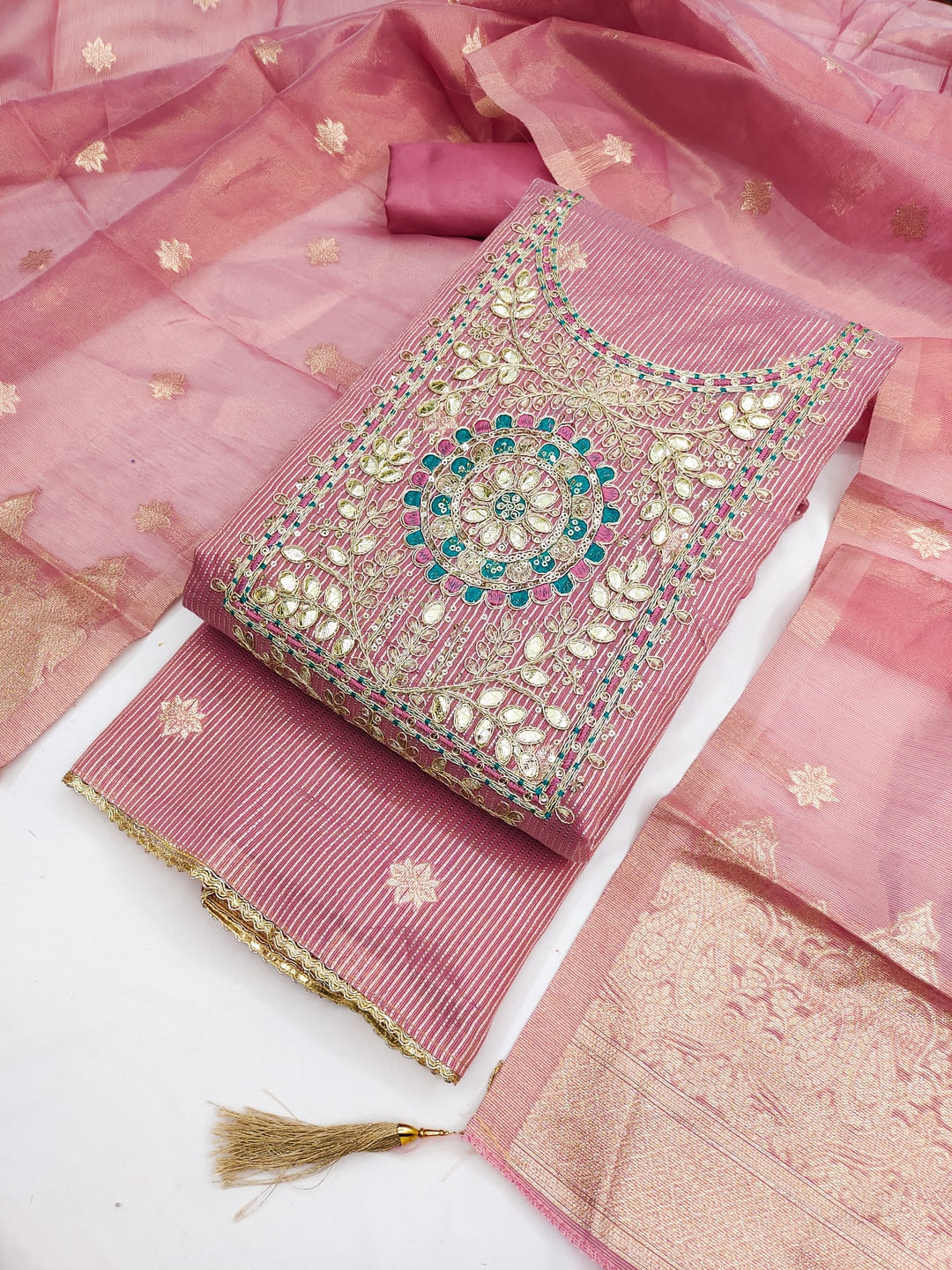 Peachmode Peach Shimmer Dress Material with Ethnic Motifs - Image 6