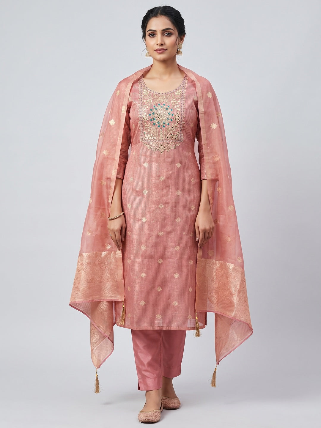 Peachmode Peach Shimmer Dress Material with Ethnic Motifs - Image 2