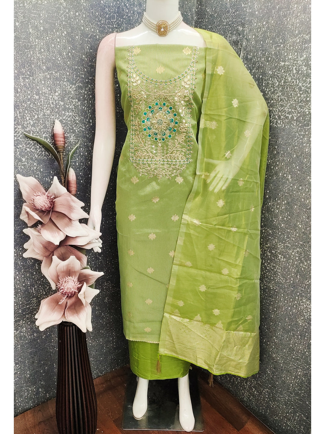 Peachmode Lime Green Shimmer Dress Material with Ethnic Motifs - Image 3