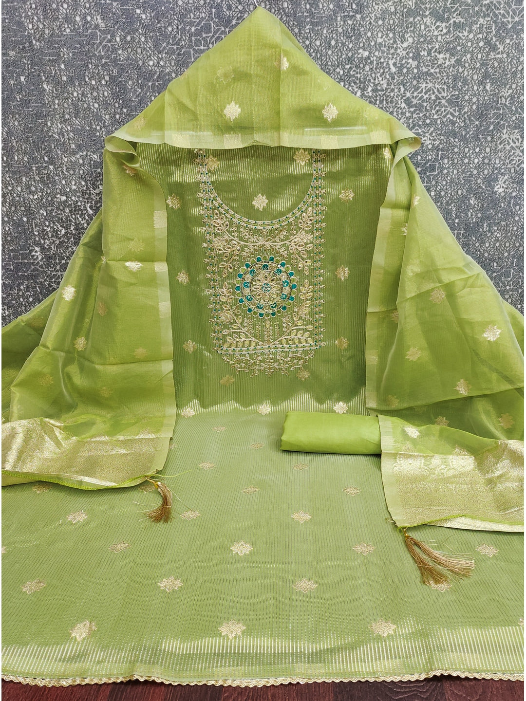 Peachmode Lime Green Shimmer Dress Material with Ethnic Motifs - Image 4