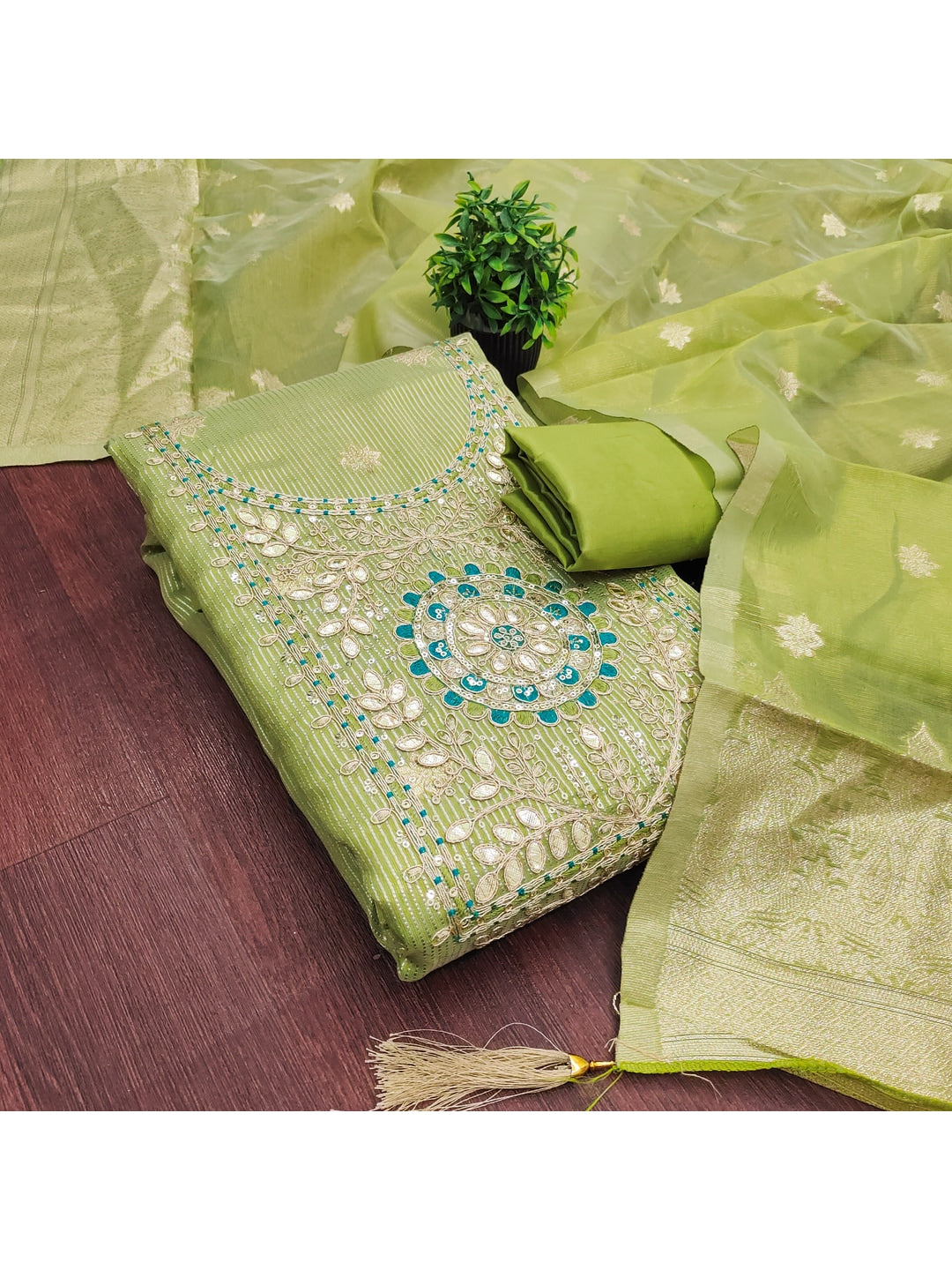 Peachmode Lime Green Shimmer Dress Material with Ethnic Motifs - Image 5