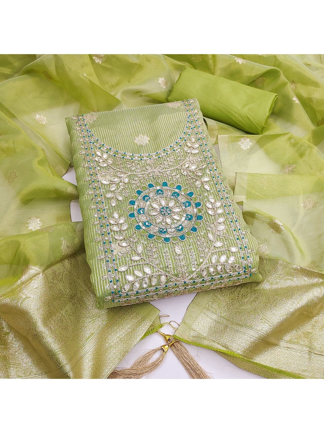 Peachmode Lime Green Shimmer Dress Material with Ethnic Motifs - Image 1