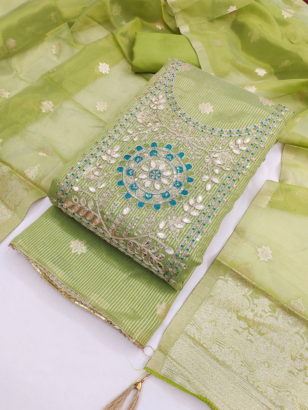 Peachmode Lime Green Shimmer Dress Material with Ethnic Motifs - Image 6