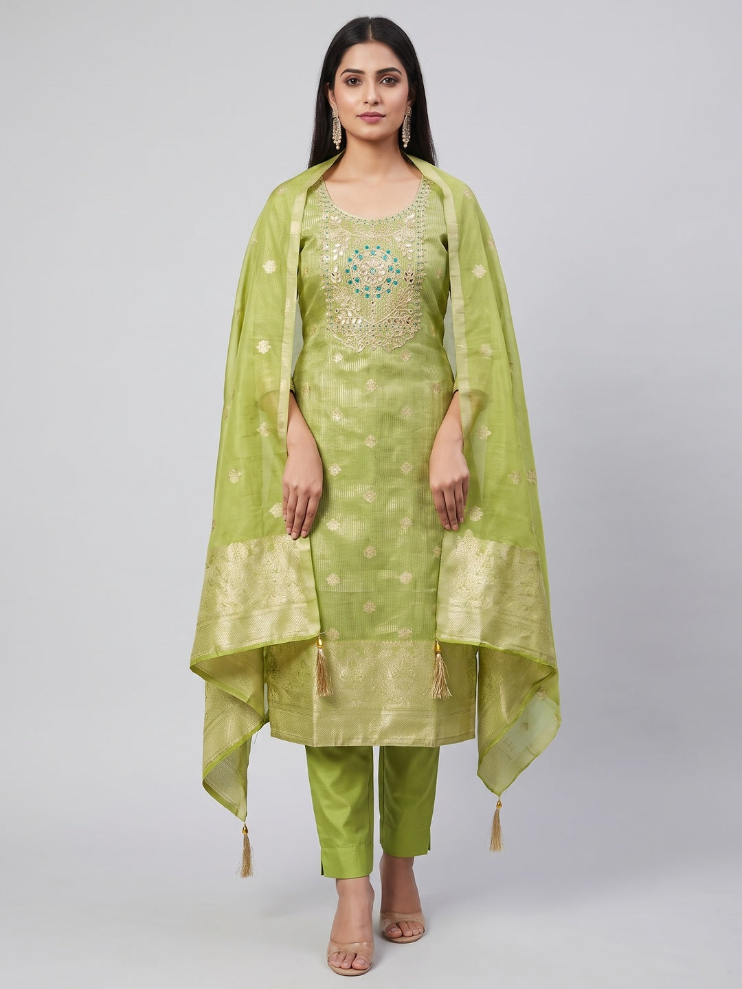 Peachmode Lime Green Shimmer Dress Material with Ethnic Motifs - Image 2