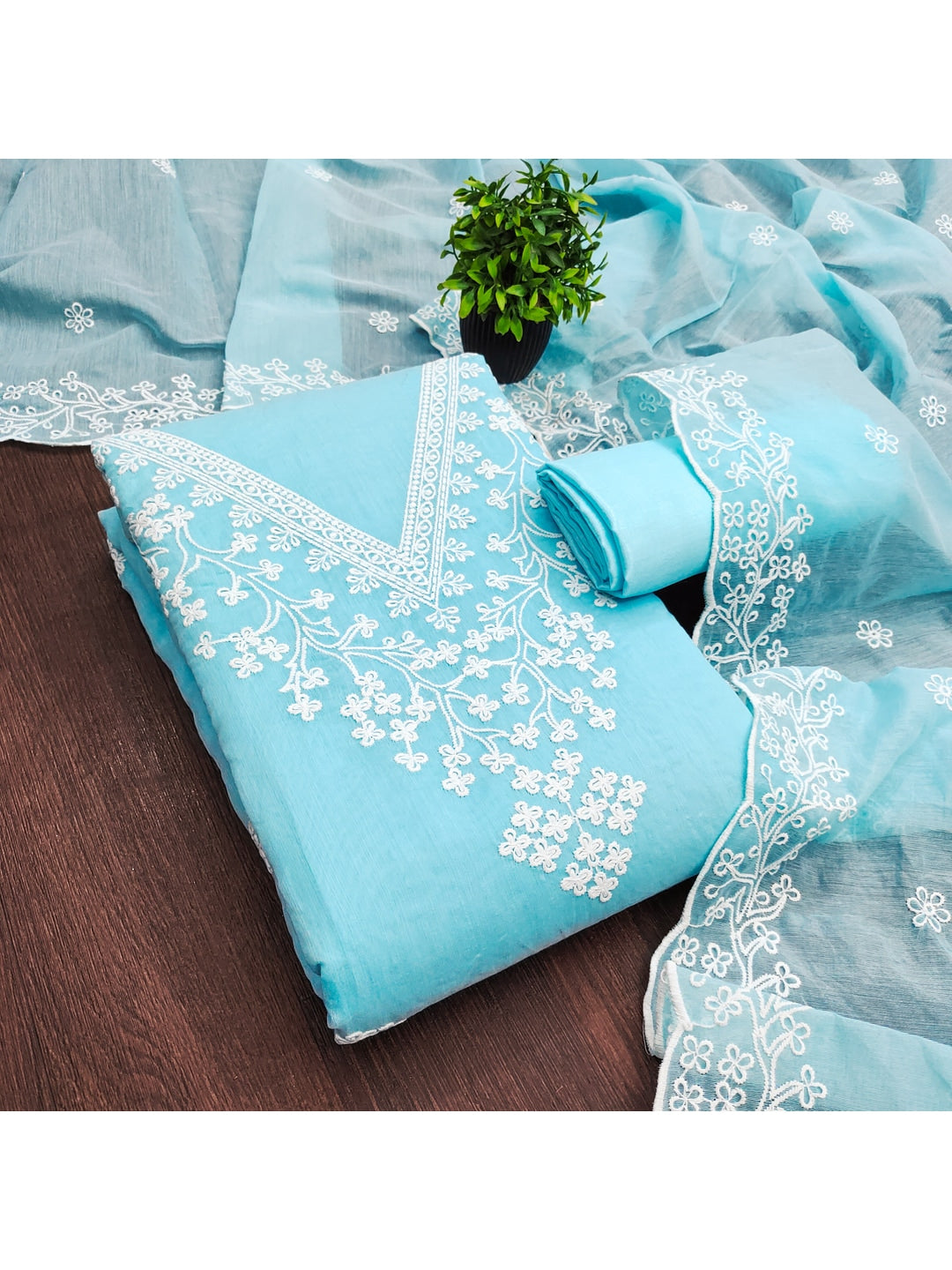 Peachmode Turquoise Chanderi Cotton Dress Material with Ethnic Motifs - Image 3