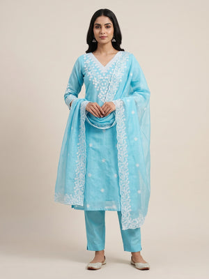 Peachmode Turquoise Chanderi Cotton Dress Material with Ethnic Motifs - Image 2