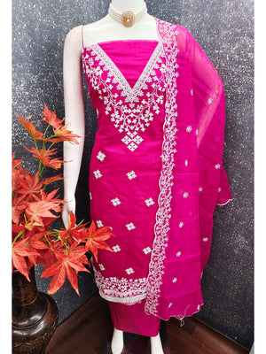 Peachmode Magenta Chanderi Cotton Dress Material with Ethnic Motifs - Image 2