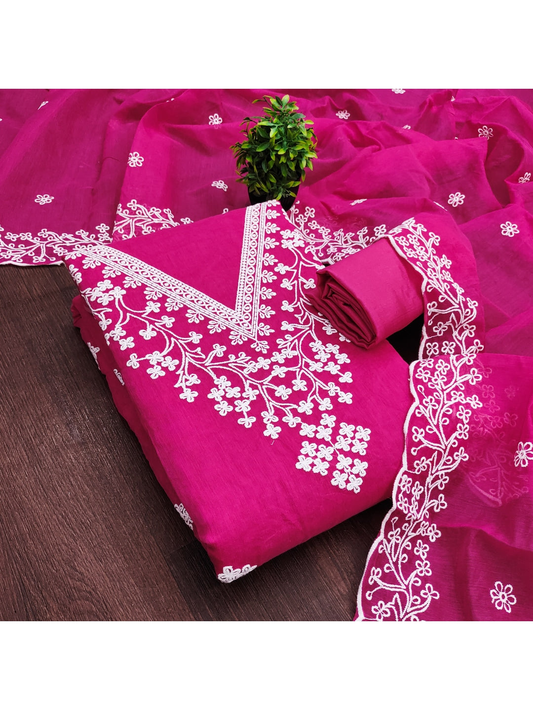 Peachmode Magenta Chanderi Cotton Dress Material with Ethnic Motifs - Image 3