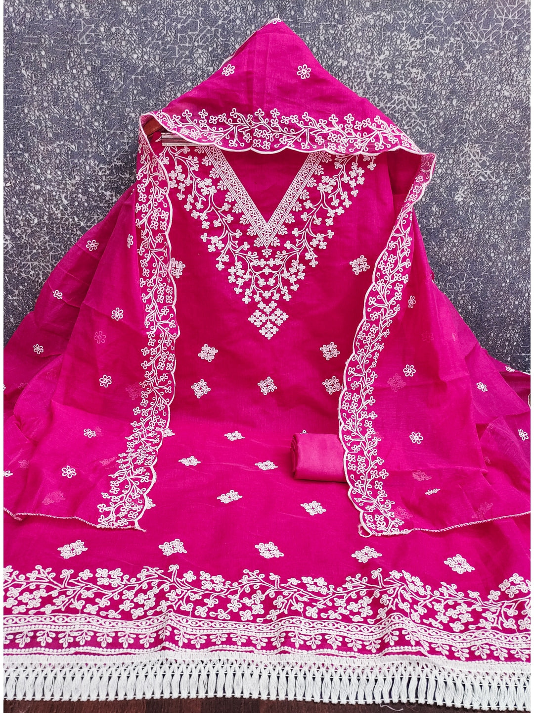 Peachmode Magenta Chanderi Cotton Dress Material with Ethnic Motifs - Image 6