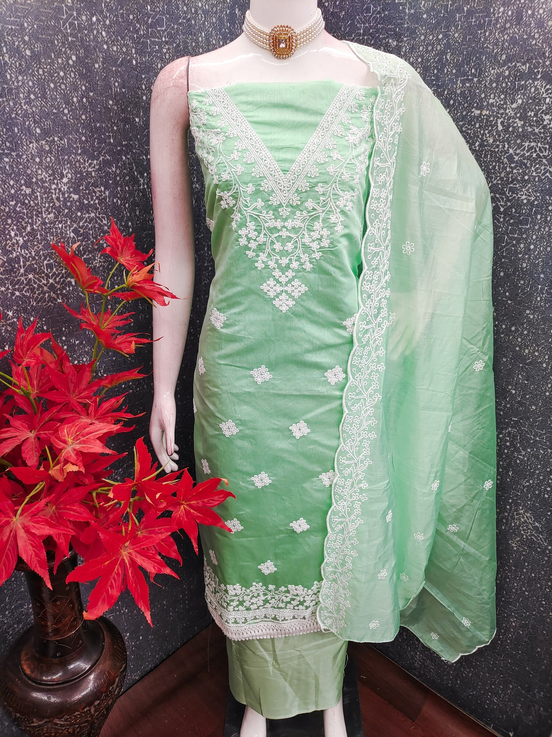 Peachmode Sea Green Chanderi Cotton Dress Material with Ethnic Motifs - Image 3