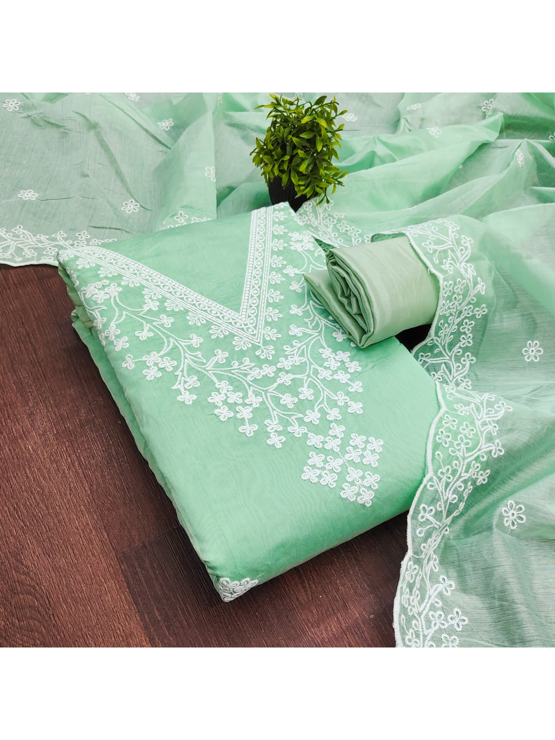 Peachmode Sea Green Chanderi Cotton Dress Material with Ethnic Motifs - Image 3