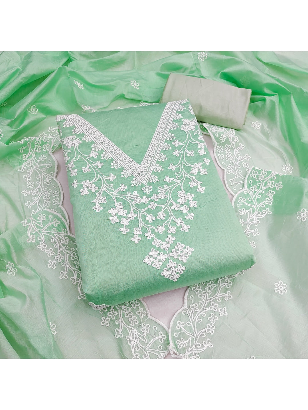 Peachmode Sea Green Chanderi Cotton Dress Material with Ethnic Motifs - Image 5