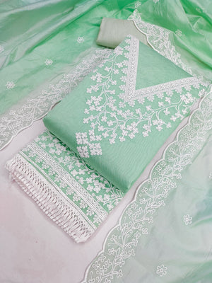 Peachmode Sea Green Chanderi Cotton Dress Material with Ethnic Motifs - Image 1