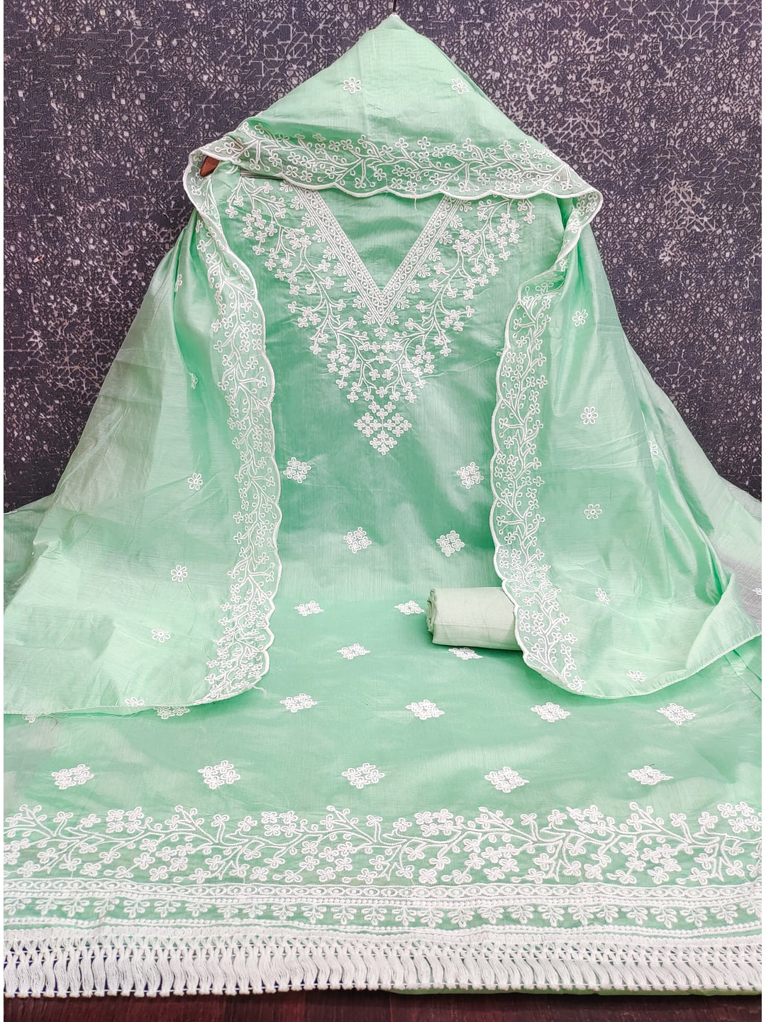 Peachmode Sea Green Chanderi Cotton Dress Material with Ethnic Motifs - Image 6