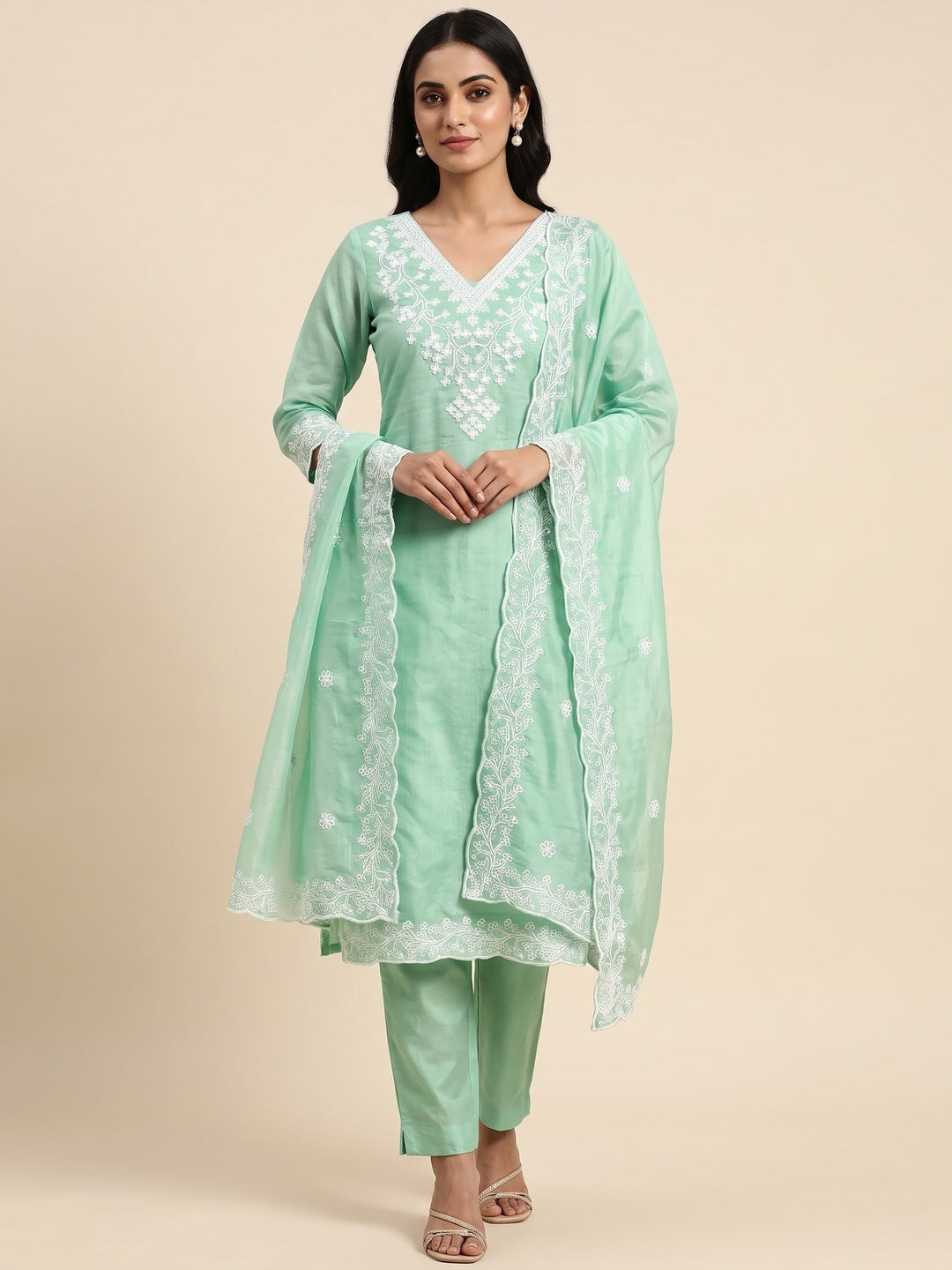 Peachmode Sea Green Chanderi Cotton Dress Material with Ethnic Motifs - Image 2