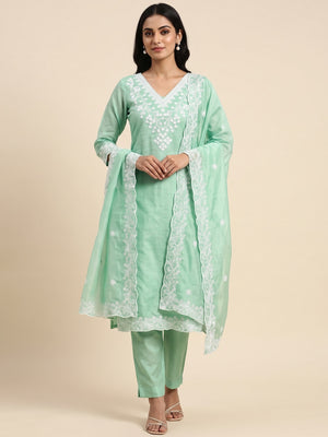 Peachmode Sea Green Chanderi Cotton Dress Material with Ethnic Motifs - Image 2