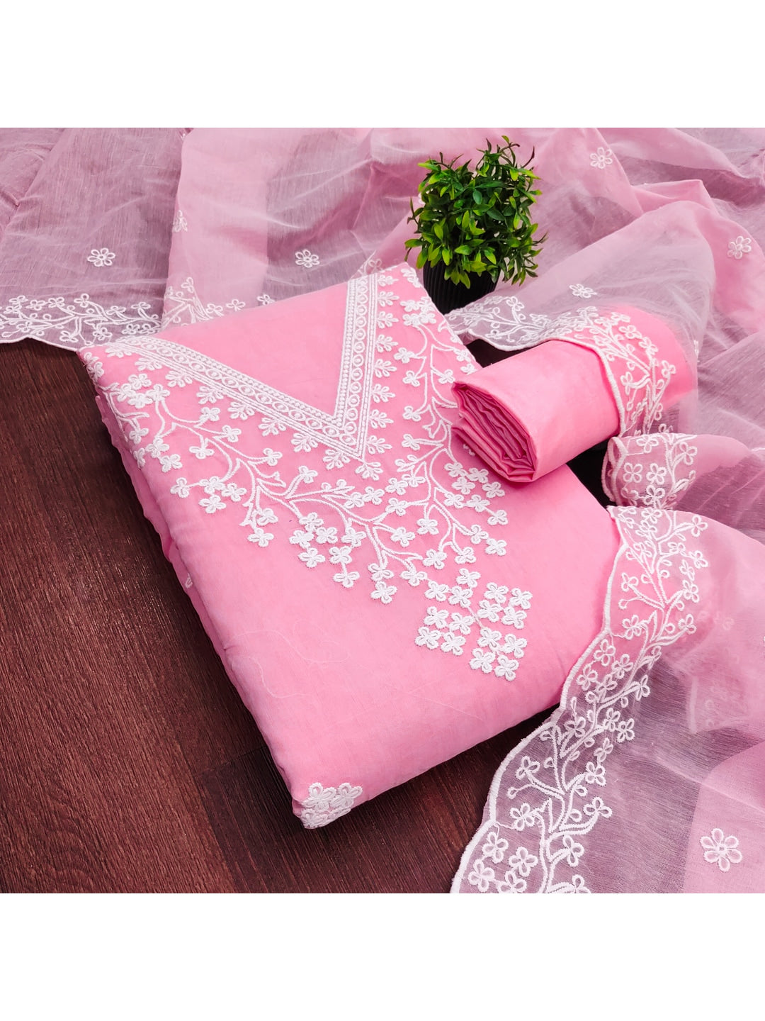 Peachmode Pink Chanderi Cotton Dress Material with Ethnic Motifs - Image 3