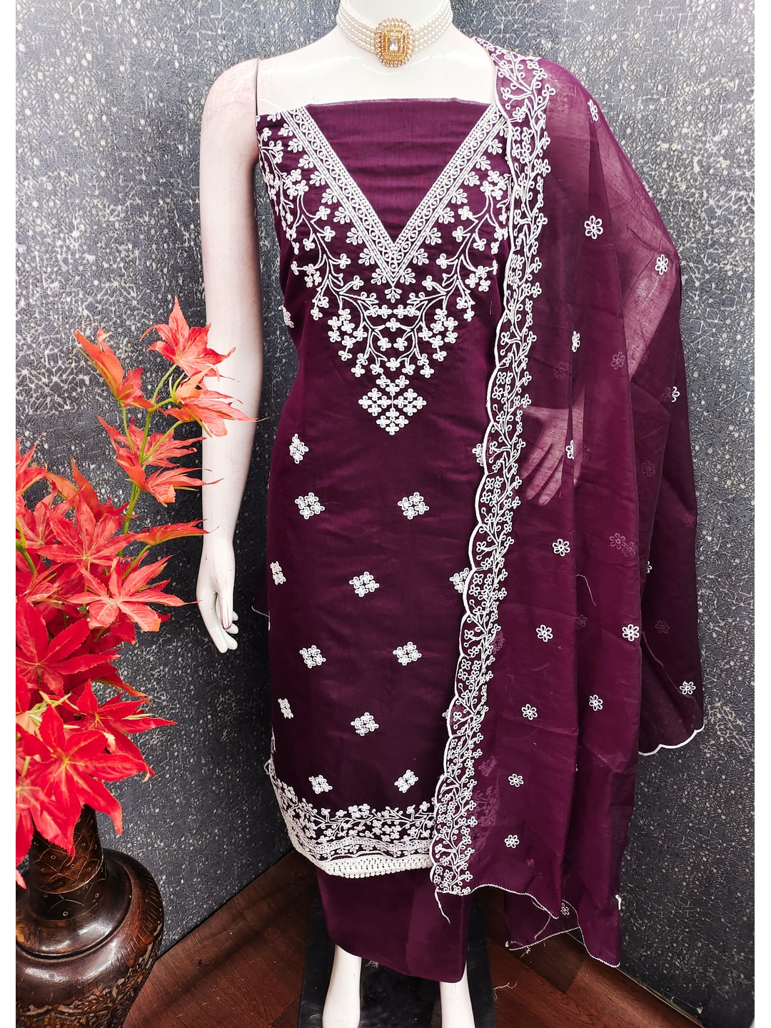 Peachmode Wine Chanderi Cotton Dress Material with Ethnic Motifs - Image 3