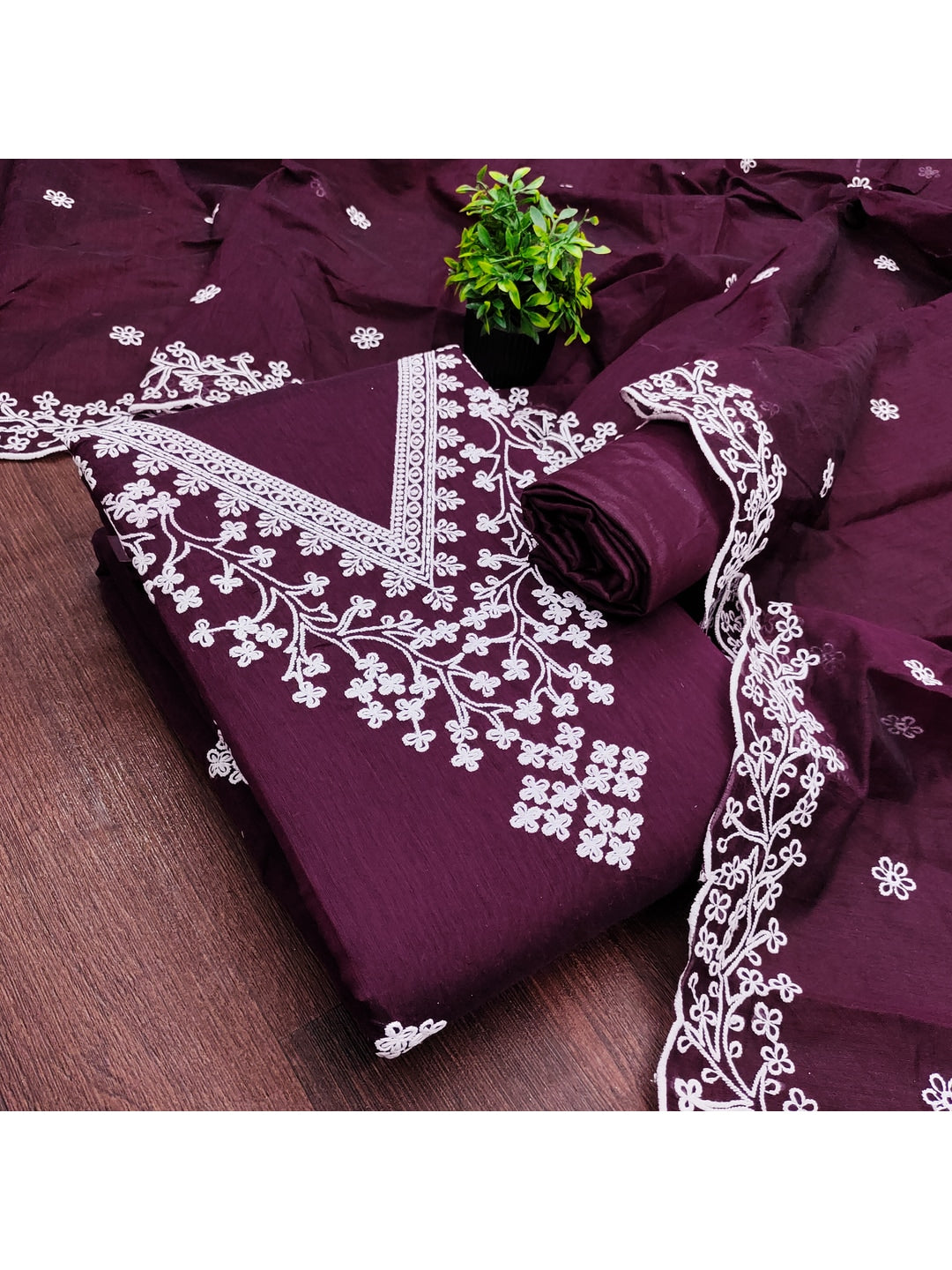 Peachmode Wine Chanderi Cotton Dress Material with Ethnic Motifs - Image 4
