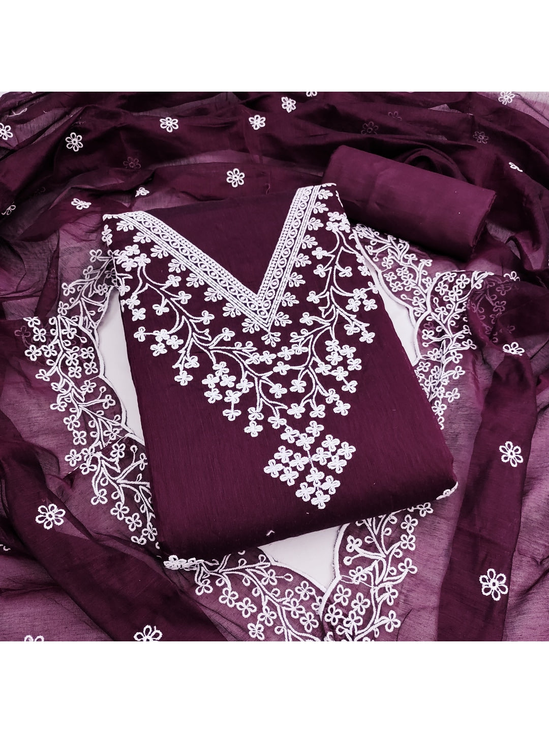 Peachmode Wine Chanderi Cotton Dress Material with Ethnic Motifs - Image 1