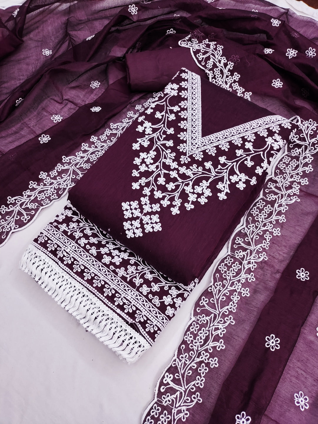 Peachmode Wine Chanderi Cotton Dress Material with Ethnic Motifs - Image 5