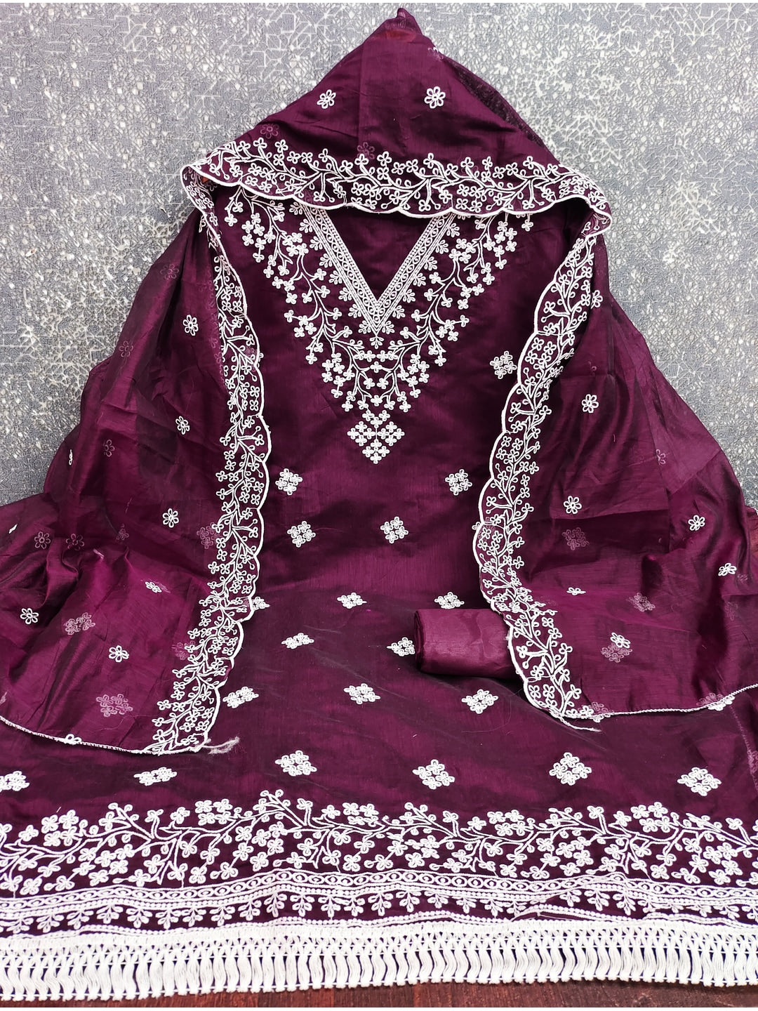 Peachmode Wine Chanderi Cotton Dress Material with Ethnic Motifs - Image 6